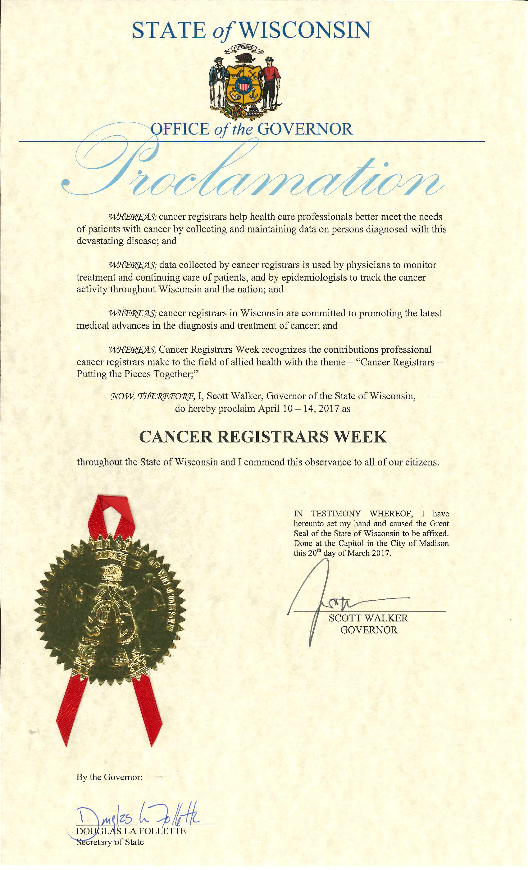 0410-1417 Cancer Registrars Week Gov Proclamation | Wisconsin Cancer ...