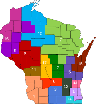 Color coded map of the 17 Radon Information Centers covering all of Wisconsin (DHS, 2025).