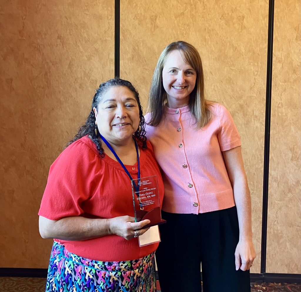 Vera (Judy) Heubel, Community Health Outreach Director at Stockbridge-Munsee Health and Wellness Center, receiving the 2025 Health Care Hero Award